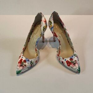 Jessica Simpson White Floral Pointed-Toe Heels with Red, Blue & Green Accents